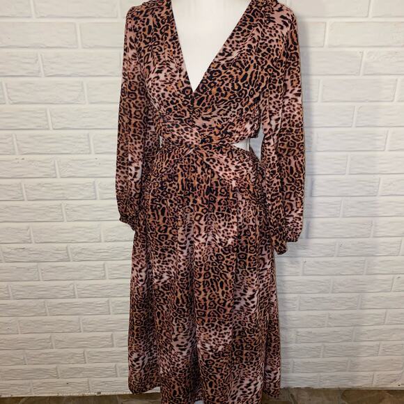 Anthropologie Ranna Gill Midi Dress Cut out Leopard Animal Print Pink NEW S P - Picture 5 of 9